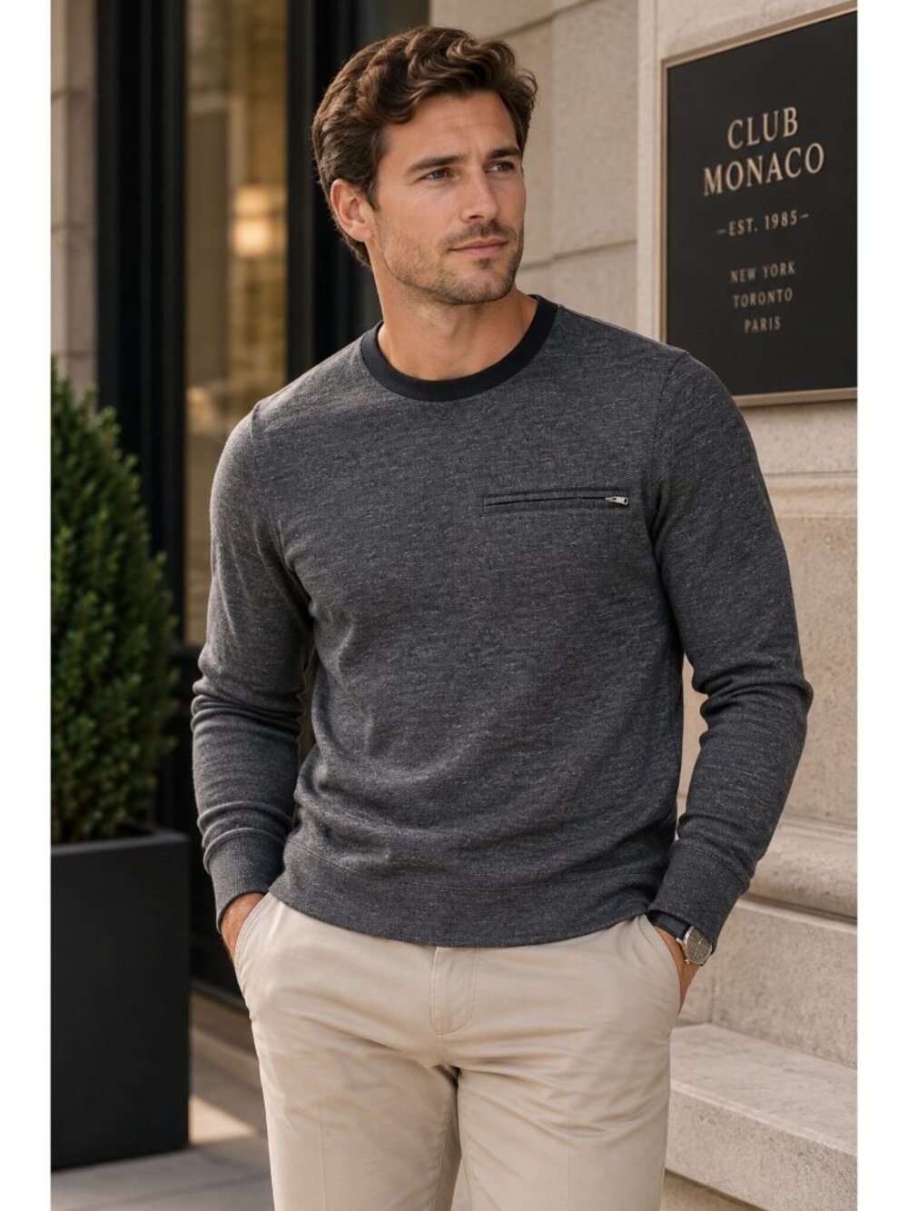 Club Monaco Mens S Gray Marl Textured Sweatshirt Zip Pocket Linen Blend